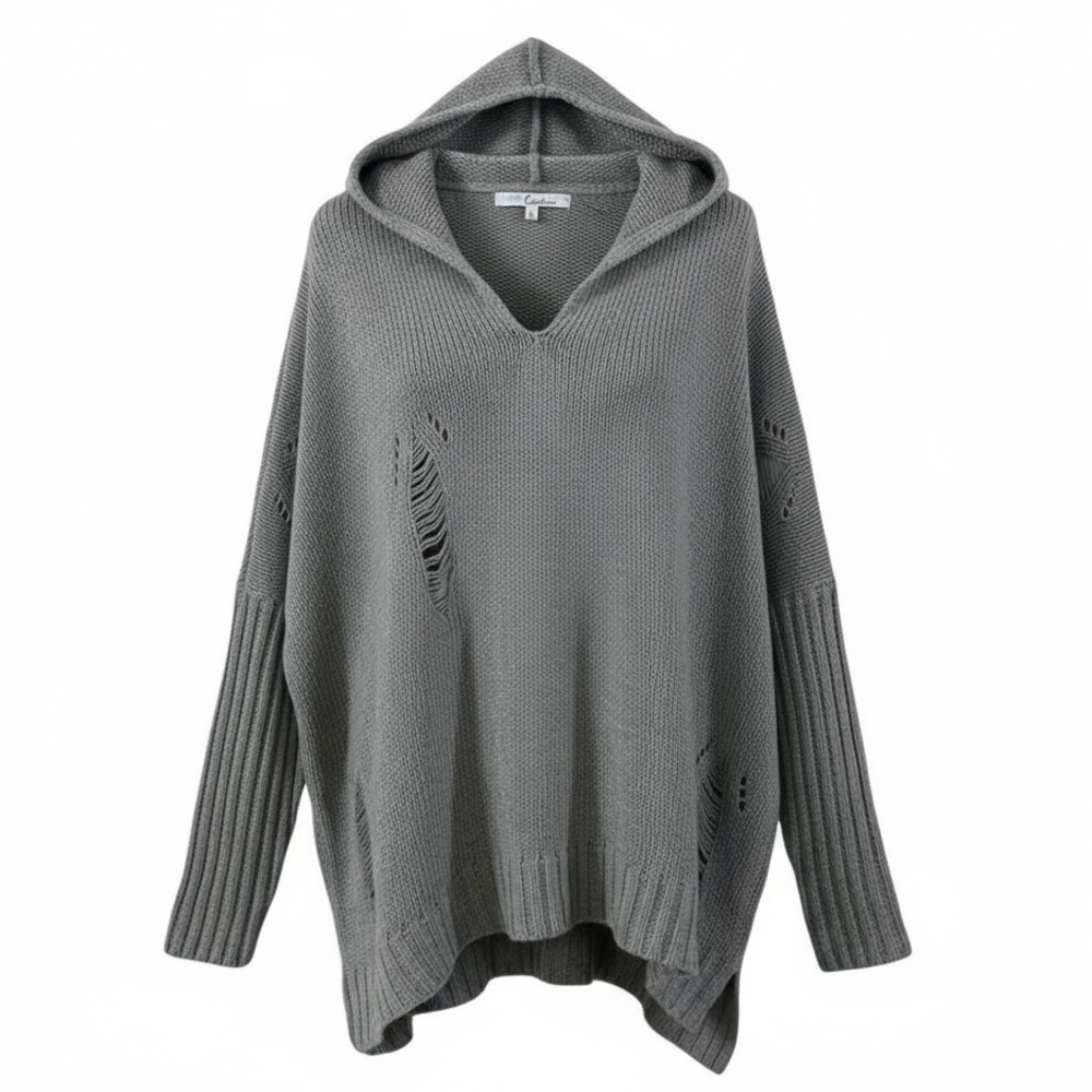 Cecico Hooded Sweater Size Small Oversize Baggy Distressed Knit Hoodie Gray